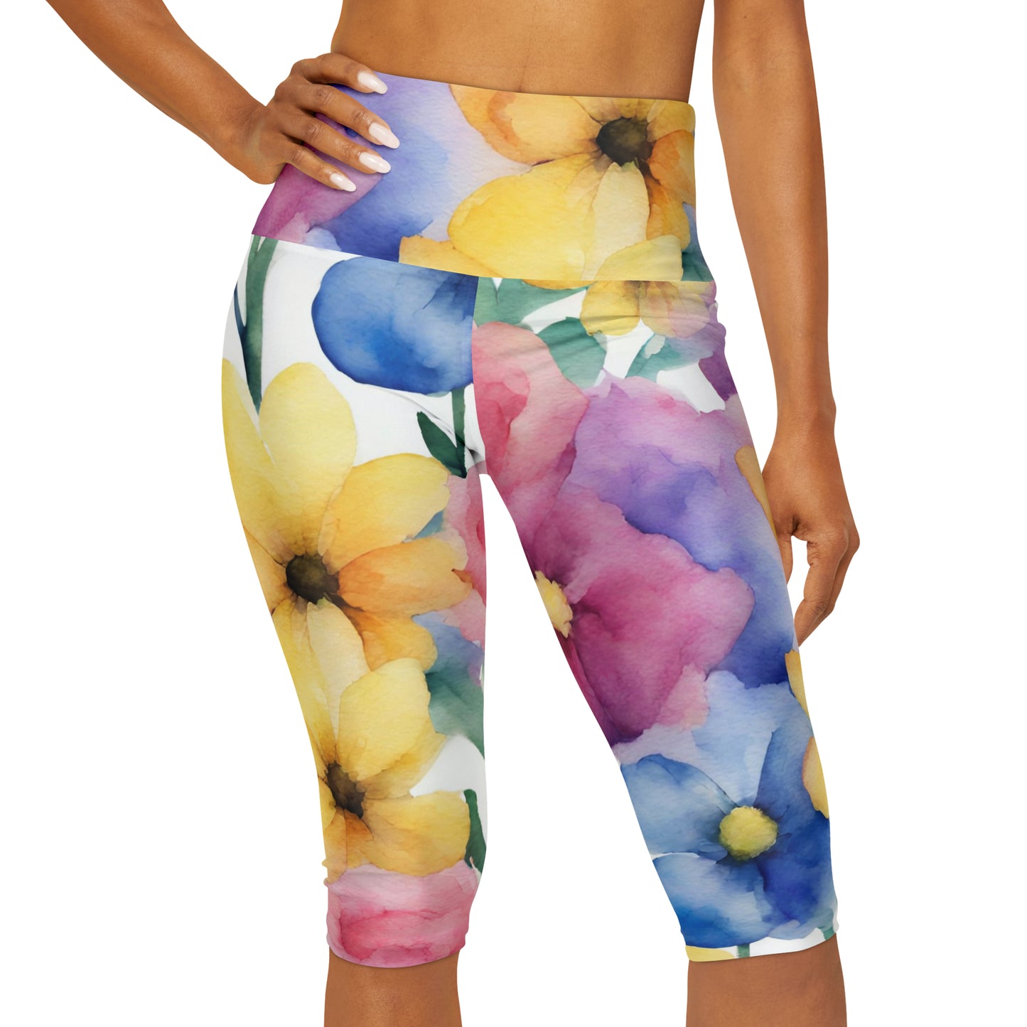 Watercolor Flowers | High Waisted Yoga Capri | Pan