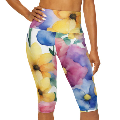 Watercolor Flowers | High Waisted Yoga Capri | Pan