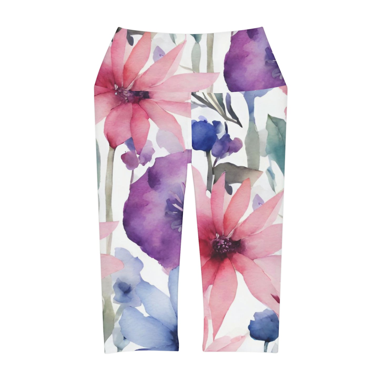 Watercolor Flowers | High Waisted Yoga Capri | Bi