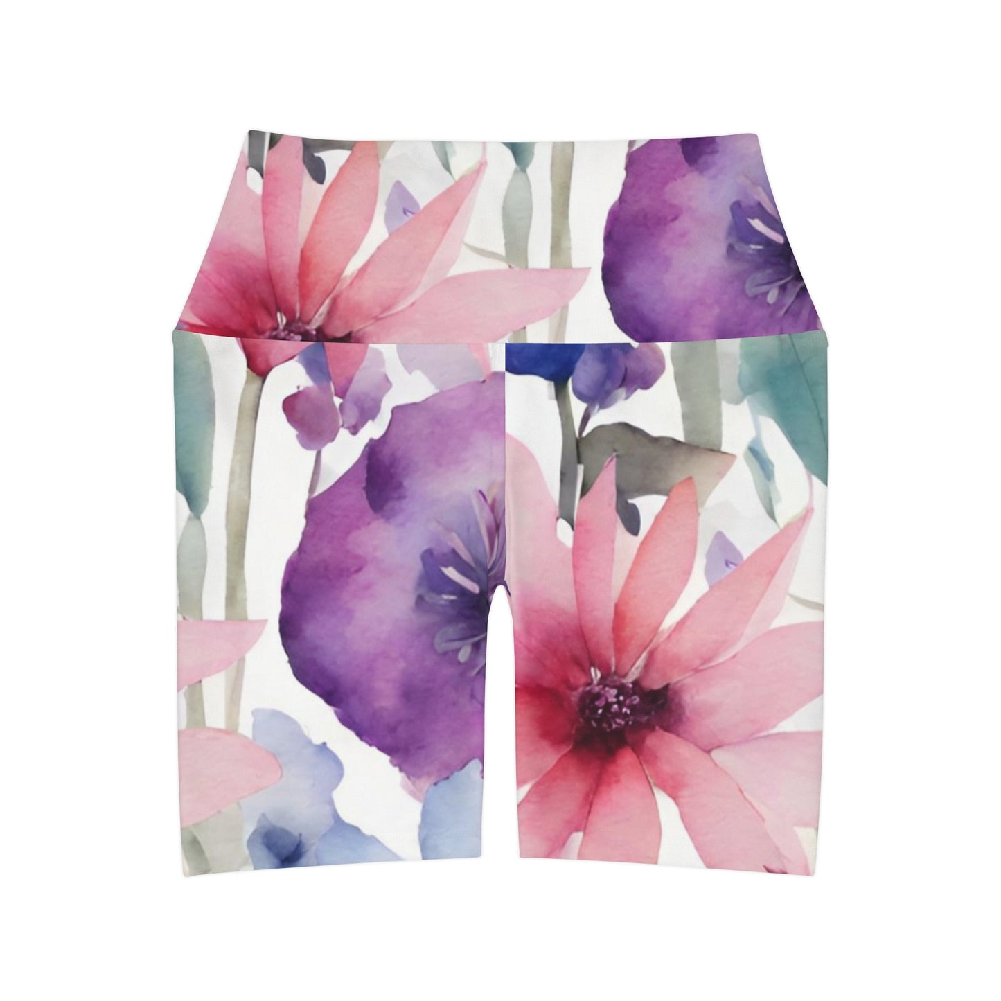 Watercolor Flowers High Waisted Yoga Shorts