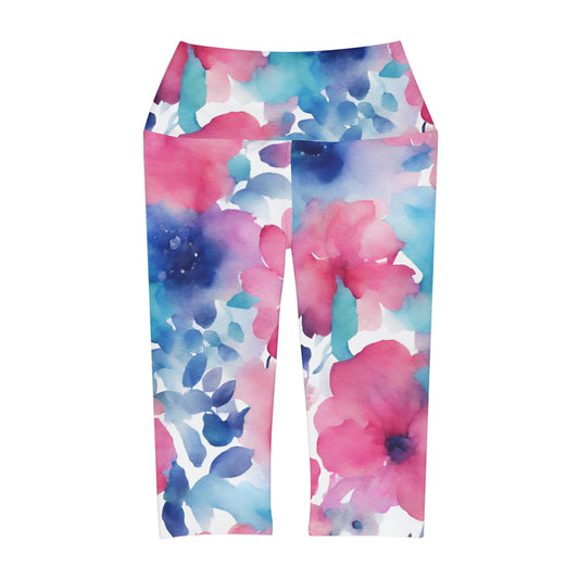 Watercolor Flowers | High Waisted Yoga Capri | Trans