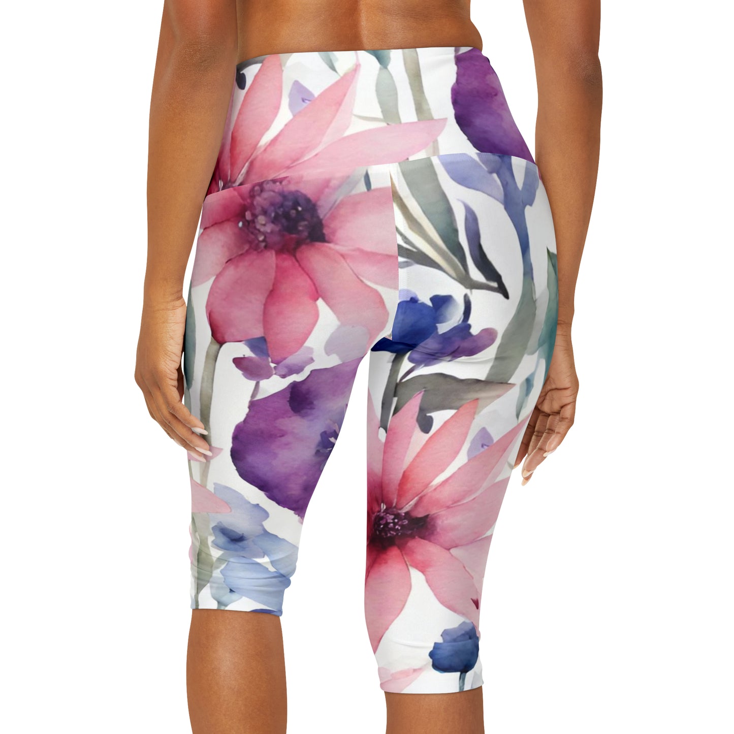 Watercolor Flowers | High Waisted Yoga Capri | Bi