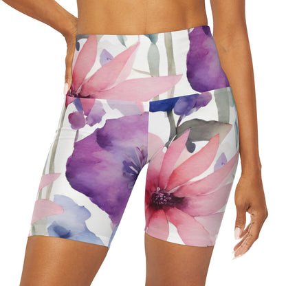 Watercolor Flowers High Waisted Yoga Shorts