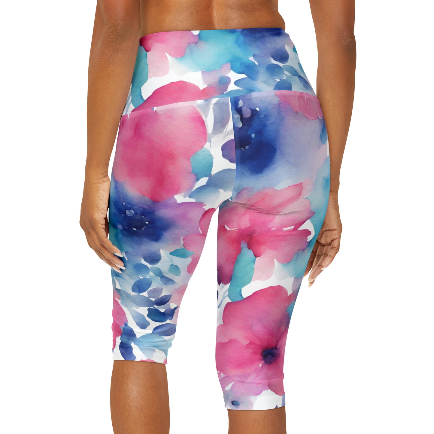 Watercolor Flowers | High Waisted Yoga Capri | Trans