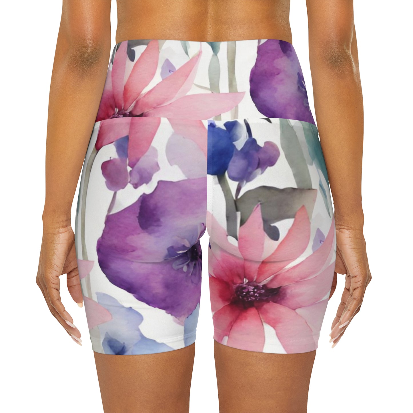 Watercolor Flowers High Waisted Yoga Shorts