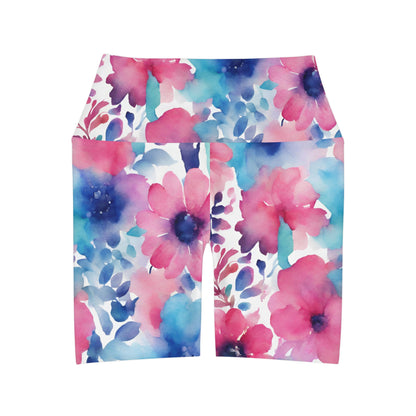 Watercolor Flowers | High Waisted Yoga Shorts | Trans