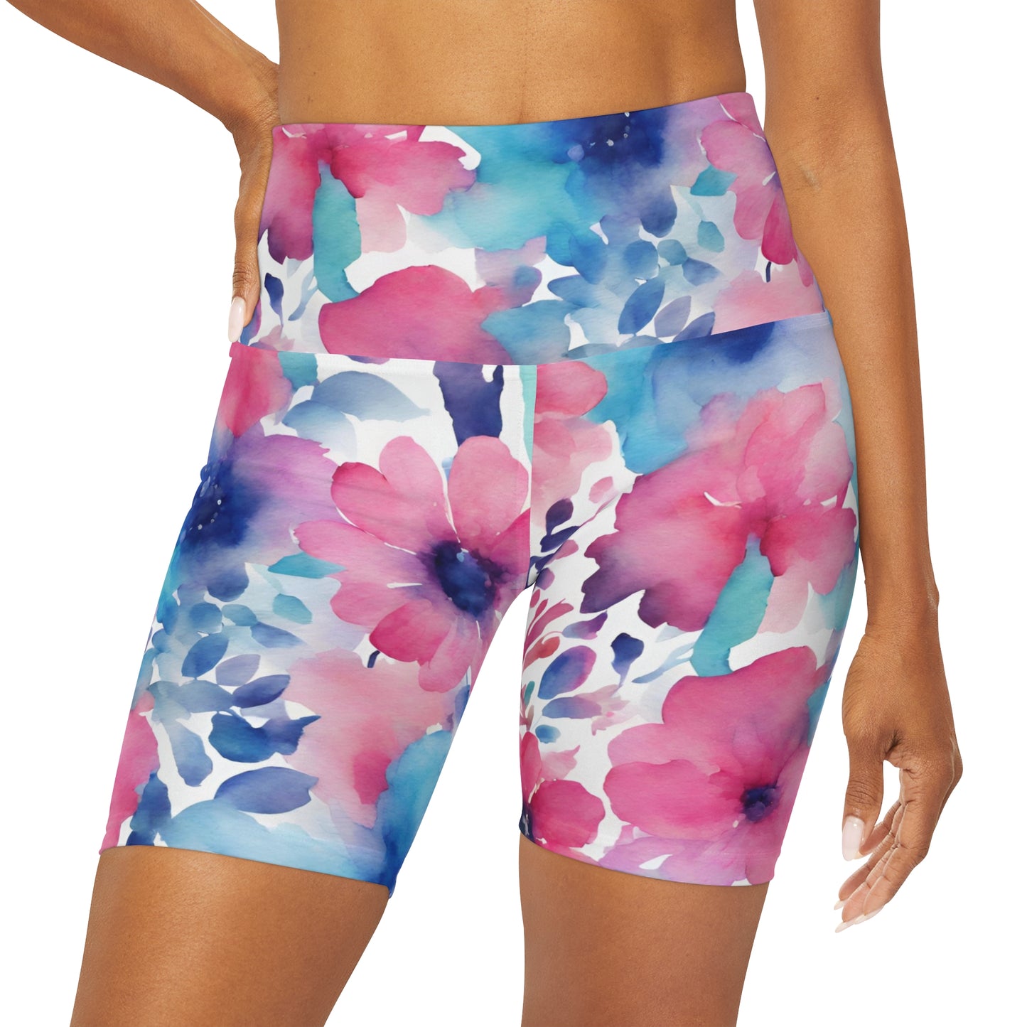 Watercolor Flowers | High Waisted Yoga Shorts | Trans